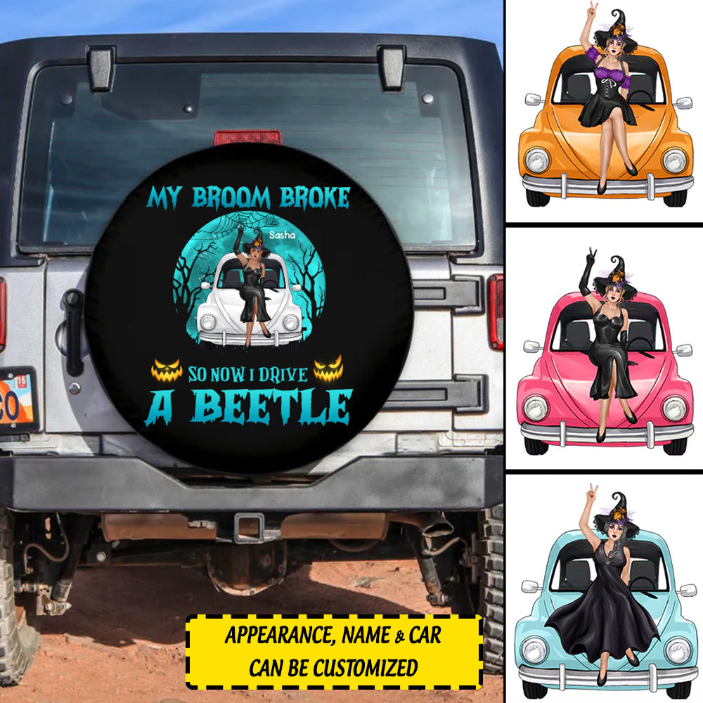Custom JP Tire Cover With Camera Hole, My Broom Broke So Now I Drive A Beetle Nightmare Vibes Halloween Tire Cover CTM Custom - Printyourwear