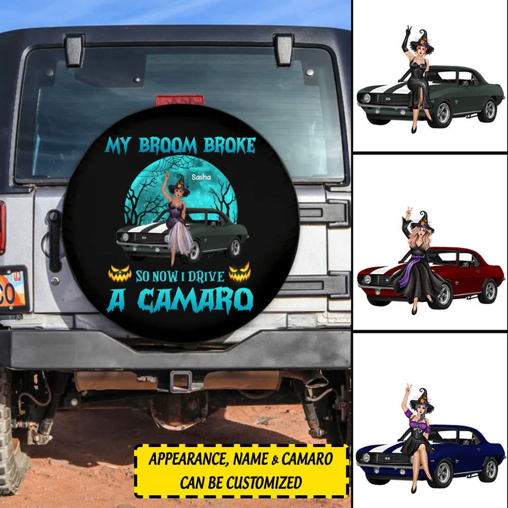 Custom JP Tire Cover With Camera Hole, My Broom Broke So Now I Drive A Camaro Nightmare Vibes Spare Tire Cover CTM Custom - Printyourwear