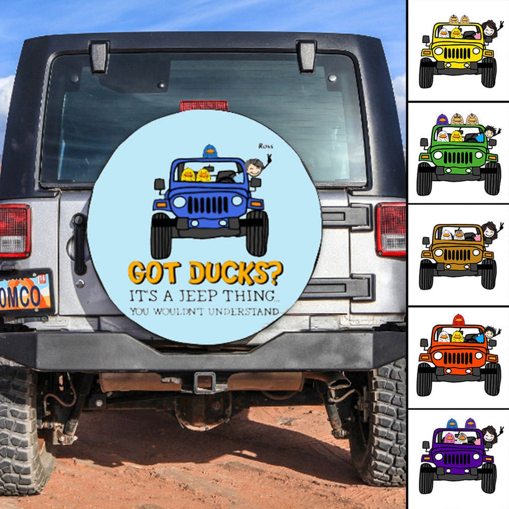 Custom JP Tire Cover With Camera Hole, Duck Duck JP Spare Tire Cover Got Ducks? Its a JP Thing Light Blue CTM Custom - Printyourwear