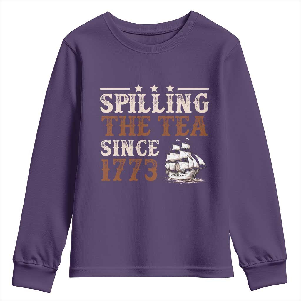 Spilling The Tea Since 1773 Youth Sweatshirt Retro Usa Patriotic 4th of July Party TS10 Purple Print Your Wear
