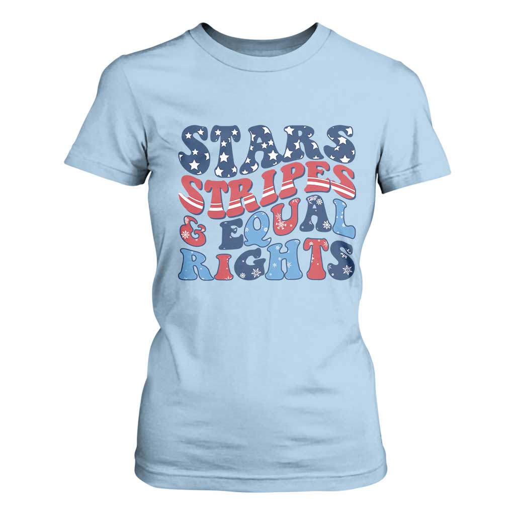 Stars Stripes And Equal Rights T Shirt For Women Groovy Retro 4th Of July TS10 Light Blue Print Your Wear