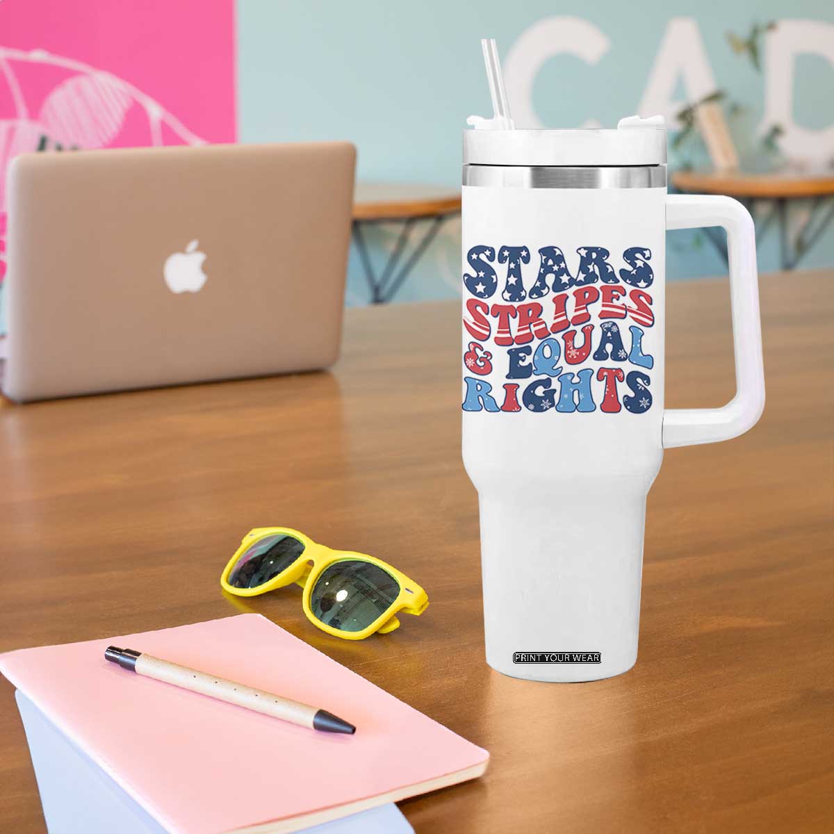Stars Stripes And Equal Rights Tumbler With Handle Groovy Retro 4th Of July TS10 Print Your Wear