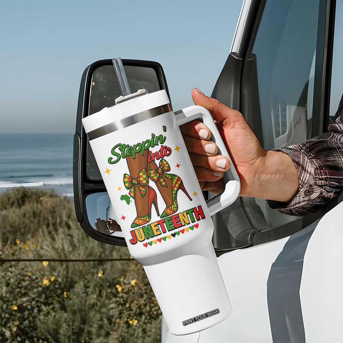 Stepping Into Juneteenth Tumbler With Handle Afro Diva High with African Pride TS02 Print Your Wear