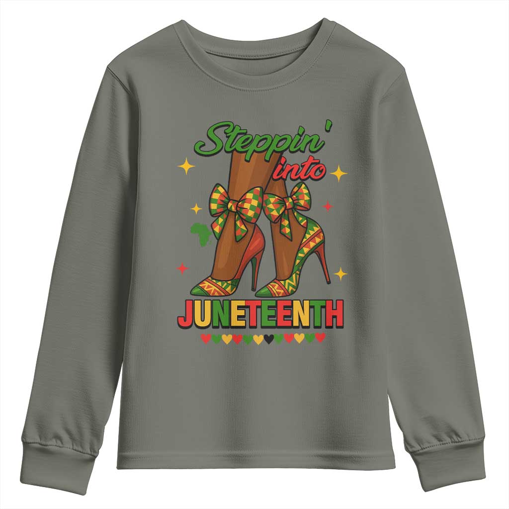 Stepping Into Juneteenth Youth Sweatshirt Afro Diva High with African Pride TS02 Military Green Print Your Wear