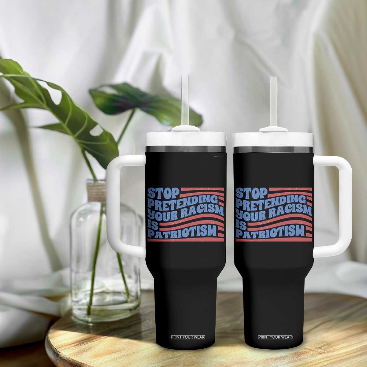 Stop Pretending Your Racism Is Patriotism Tumbler With Handle Red White and Blue TS02 Print Your Wear