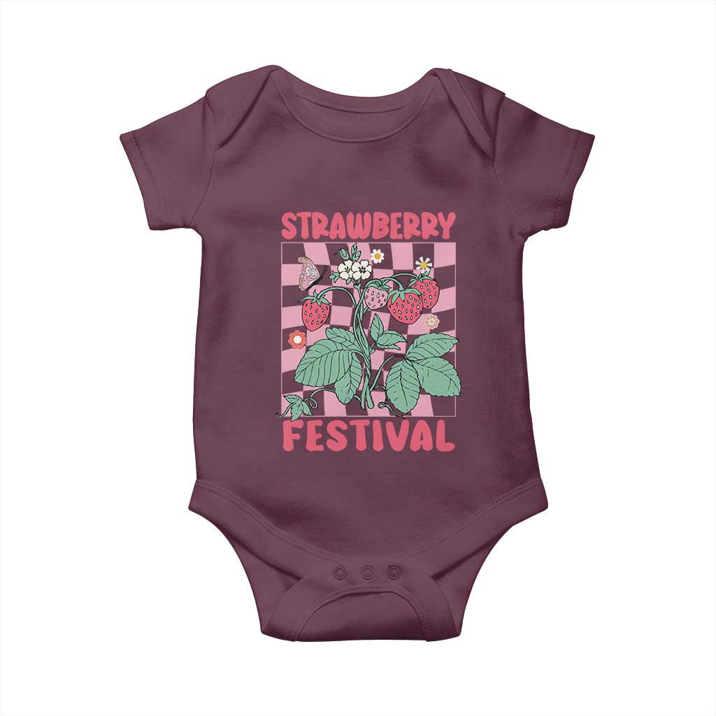 Strawberry Festival Baby Onesie Fruit Lover Botanical Retro Groovy TS02 Maroon Print Your Wear