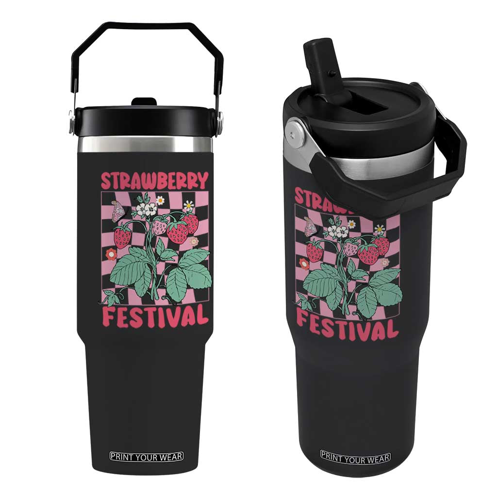 Strawberry Festival Flip Straw Tumbler Fruit Lover Botanical Retro Groovy TS02 One Size: 30 oz Black Print Your Wear