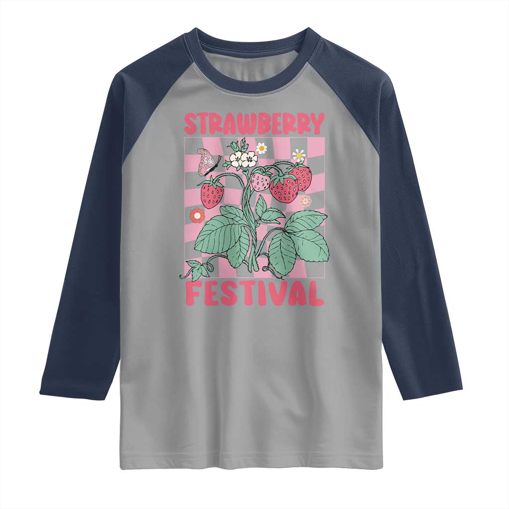 Strawberry Festival Raglan Shirt Fruit Lover Botanical Retro Groovy TS02 Sport Gray Navy Print Your Wear