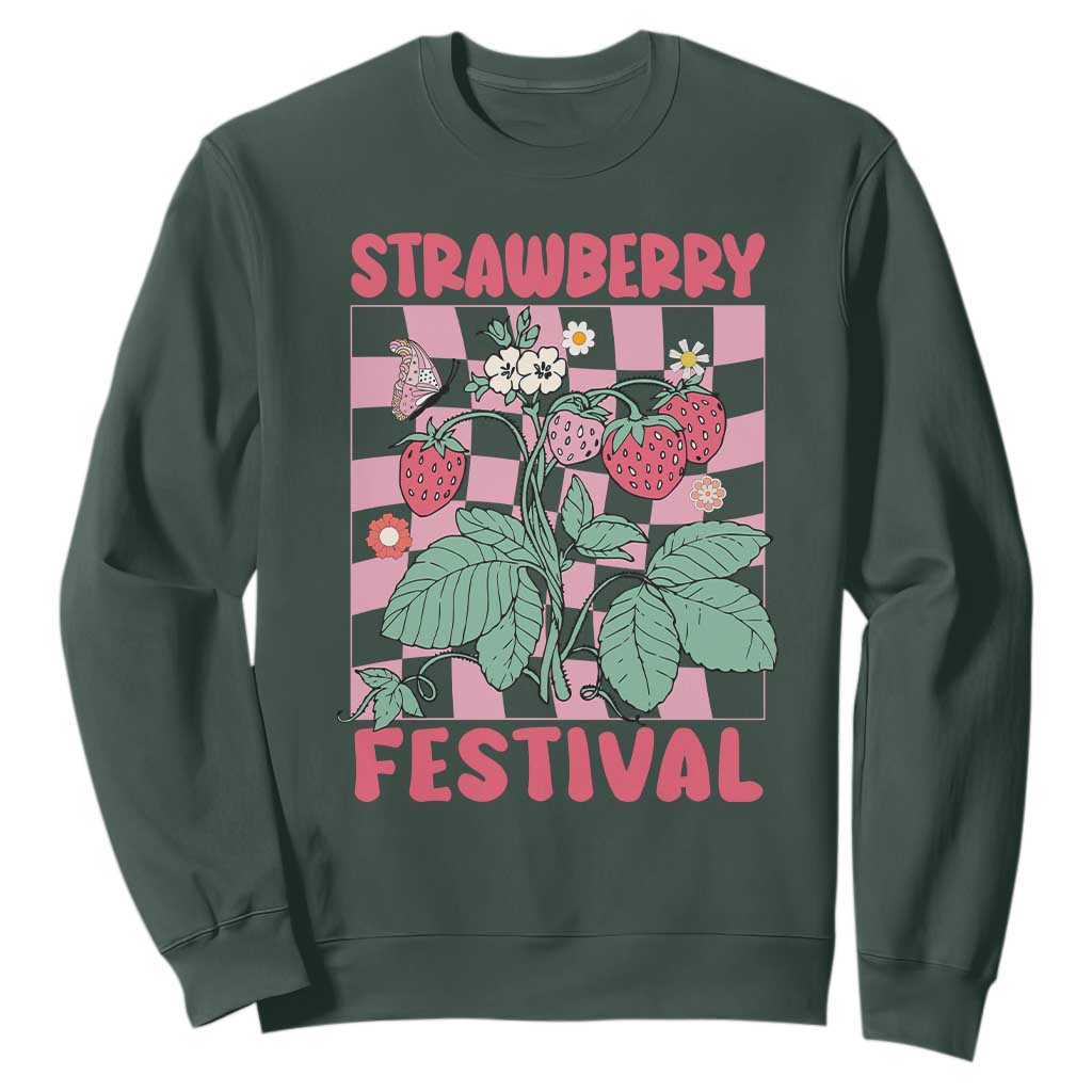 Strawberry Festival Sweatshirt Fruit Lover Botanical Retro Groovy TS02 Dark Forest Green Print Your Wear