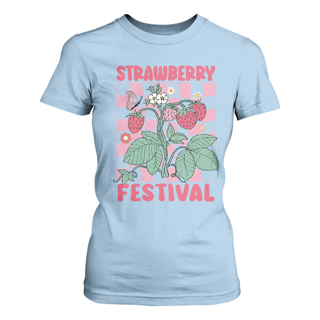 Strawberry Festival T Shirt For Women Fruit Lover Botanical Retro Groovy TS02 Light Blue Print Your Wear