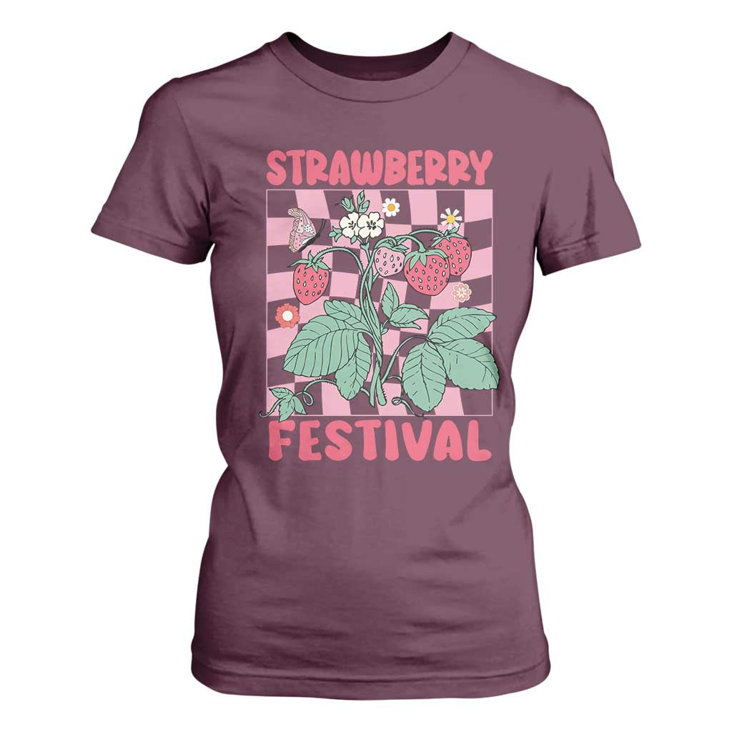 Strawberry Festival T Shirt For Women Fruit Lover Botanical Retro Groovy TS02 Maroon Print Your Wear