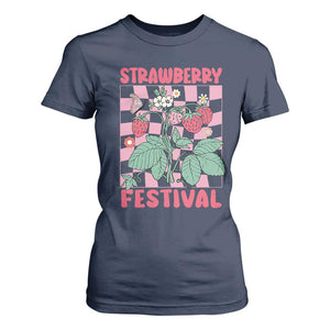 Strawberry Festival T Shirt For Women Fruit Lover Botanical Retro Groovy TS02 Navy Print Your Wear