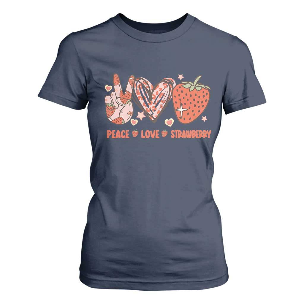 Strawberry Festival T Shirt For Women Peace Love Strawberry Cute Fruit Lover TS02 Navy Print Your Wear