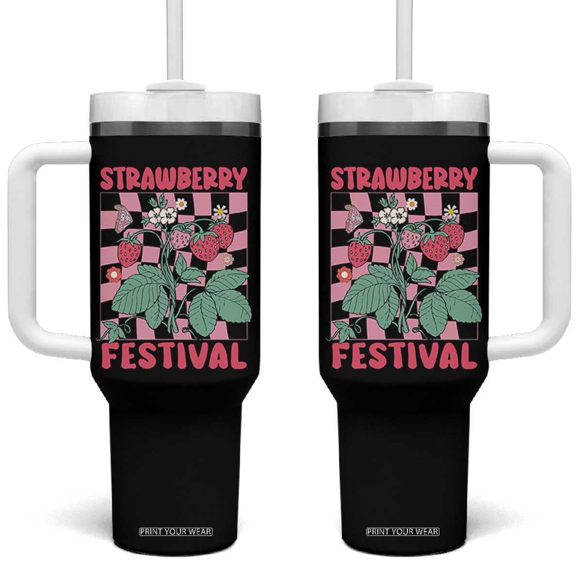Strawberry Festival Tumbler With Handle Fruit Lover Botanical Retro Groovy TS02 One Size: 40 oz Black Print Your Wear