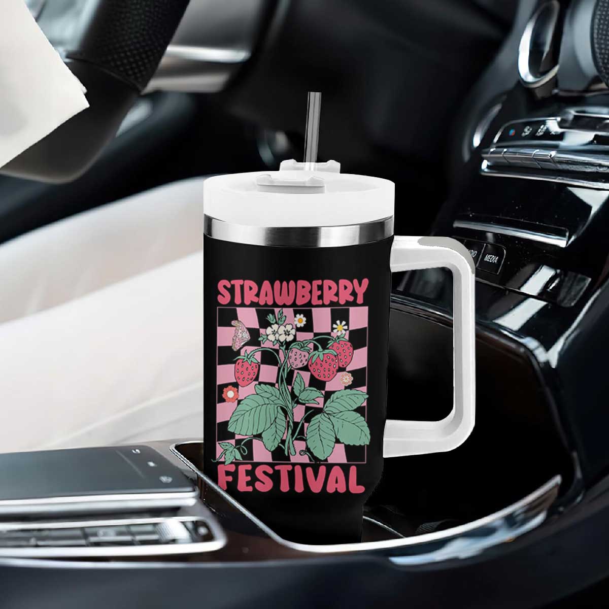 Strawberry Festival Tumbler With Handle Fruit Lover Botanical Retro Groovy TS02 Print Your Wear