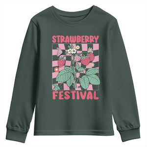 Strawberry Festival Youth Sweatshirt Fruit Lover Botanical Retro Groovy TS02 Dark Forest Green Print Your Wear