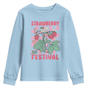 Strawberry Festival Youth Sweatshirt Fruit Lover Botanical Retro Groovy TS02 Light Blue Print Your Wear