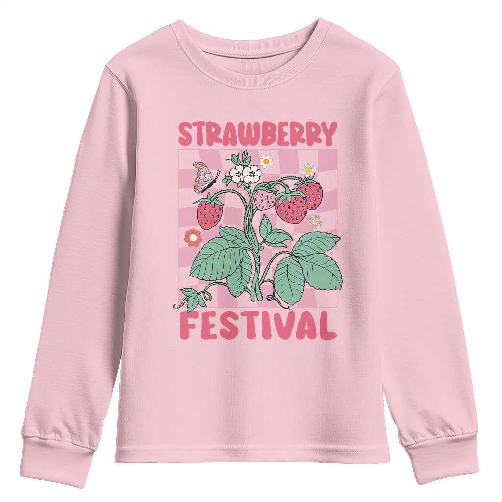 Strawberry Festival Youth Sweatshirt Fruit Lover Botanical Retro Groovy TS02 Light Pink Print Your Wear
