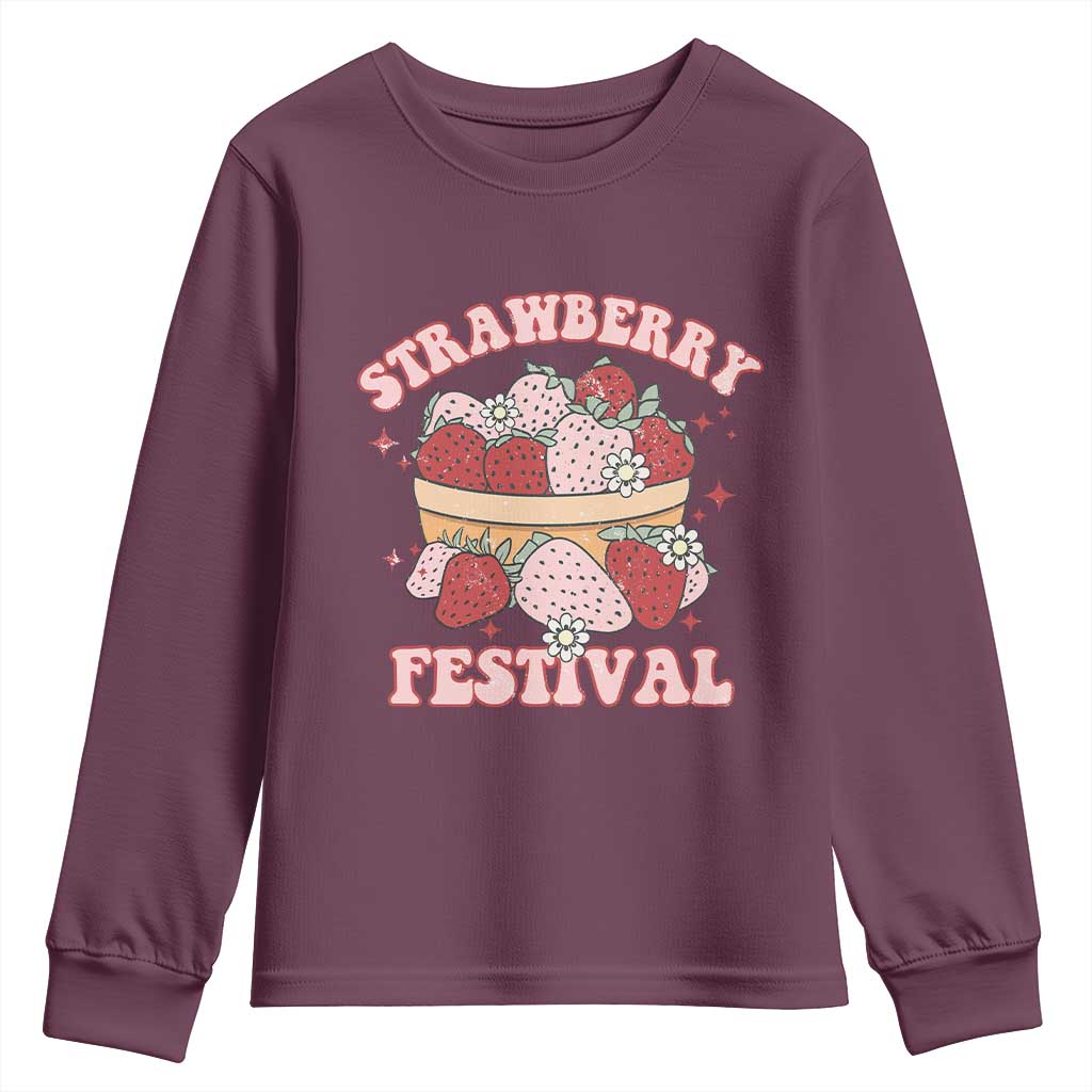 Strawberry Festival Youth Sweatshirt Retro Strawberries Fruit Lover TS02 Maroon Print Your Wear