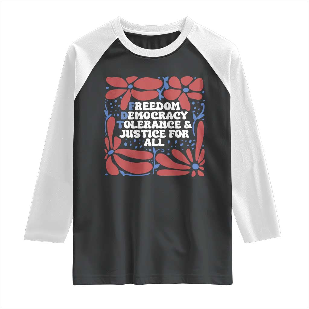 Subtle FDT Raglan Shirt Freedom Democracy Tolerence and Justice For All TS02 Black White Print Your Wear