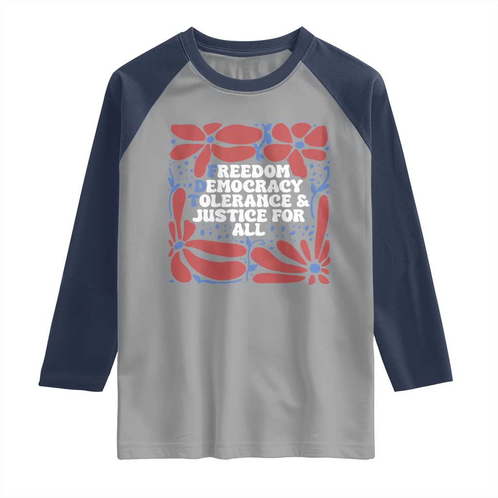Subtle FDT Raglan Shirt Freedom Democracy Tolerence and Justice For All TS02 Sport Gray Navy Print Your Wear