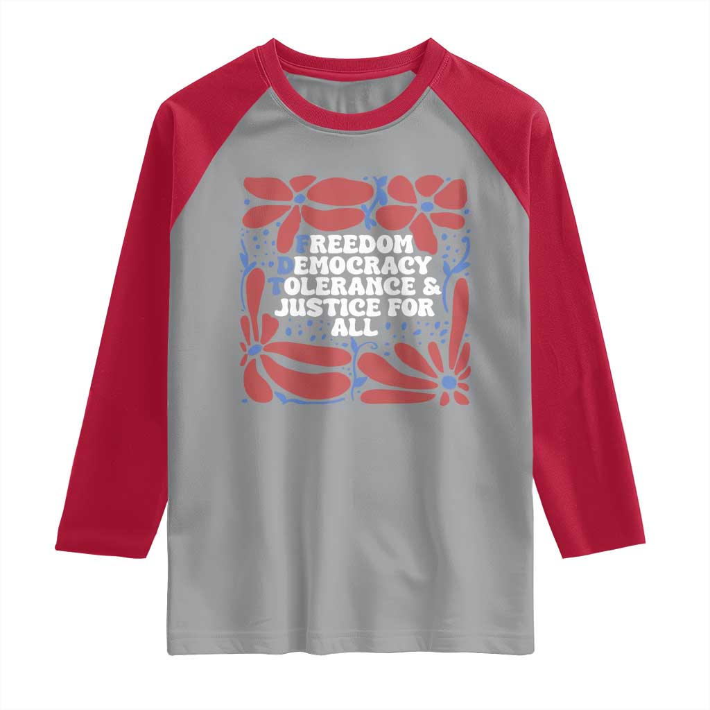 Subtle FDT Raglan Shirt Freedom Democracy Tolerence and Justice For All TS02 Sport Gray Red Print Your Wear