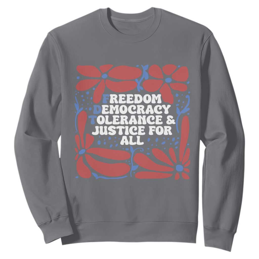 Subtle FDT Sweatshirt Freedom Democracy Tolerence and Justice For All TS02 Charcoal Print Your Wear