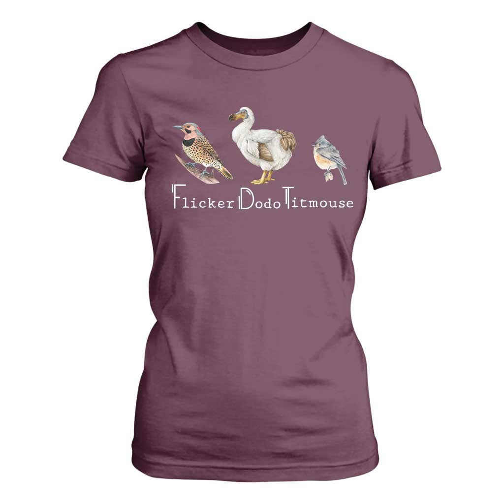 Subtle FDT T Shirt For Women Flicker Dodo Titmouse Bird TS10 Maroon Print Your Wear