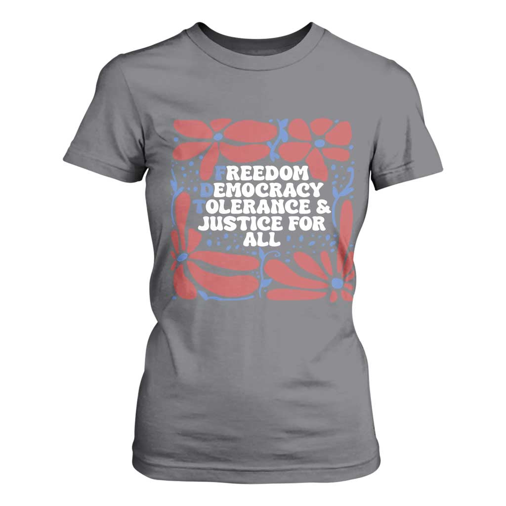Subtle FDT T Shirt For Women Freedom Democracy Tolerence and Justice For All TS02 Charcoal Print Your Wear