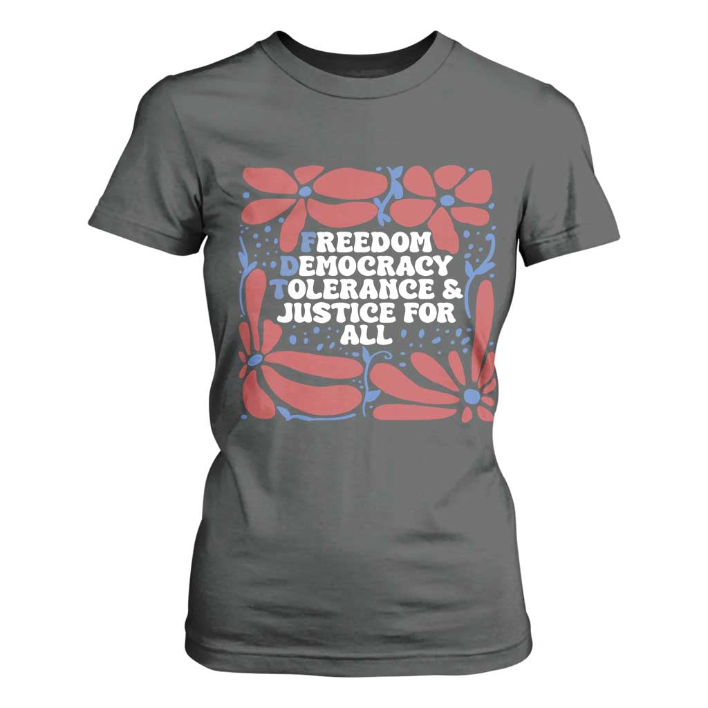 Subtle FDT T Shirt For Women Freedom Democracy Tolerence and Justice For All TS02 Dark Heather Print Your Wear