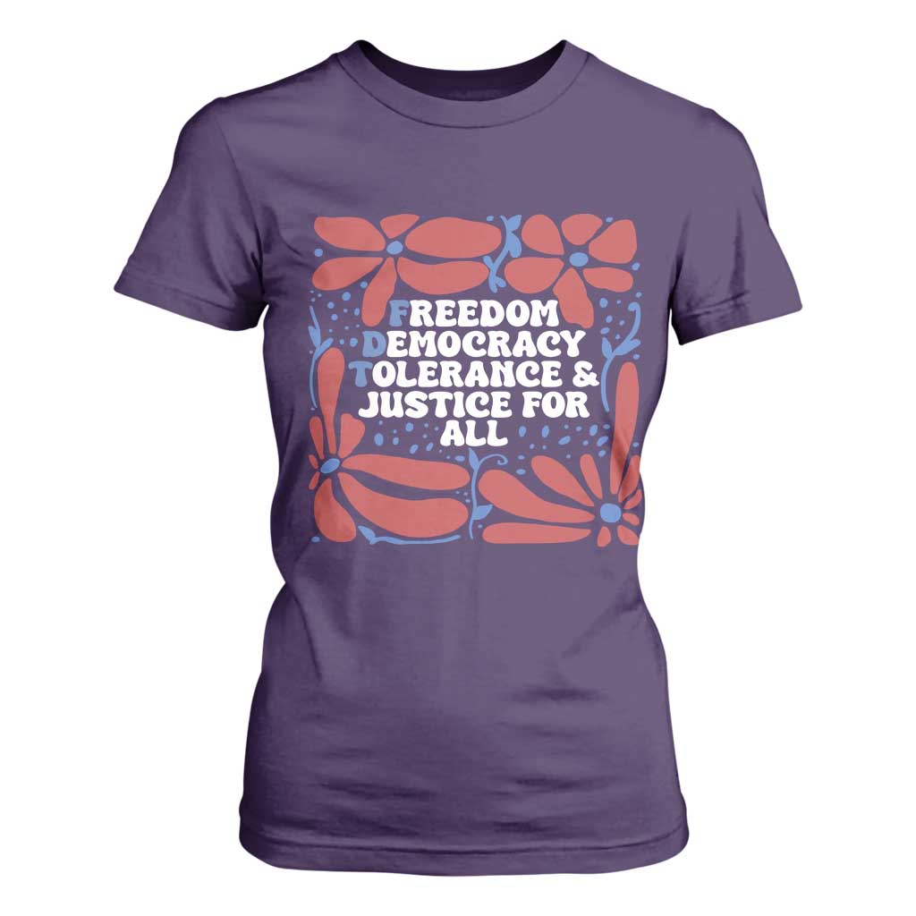 Subtle FDT T Shirt For Women Freedom Democracy Tolerence and Justice For All TS02 Purple Print Your Wear