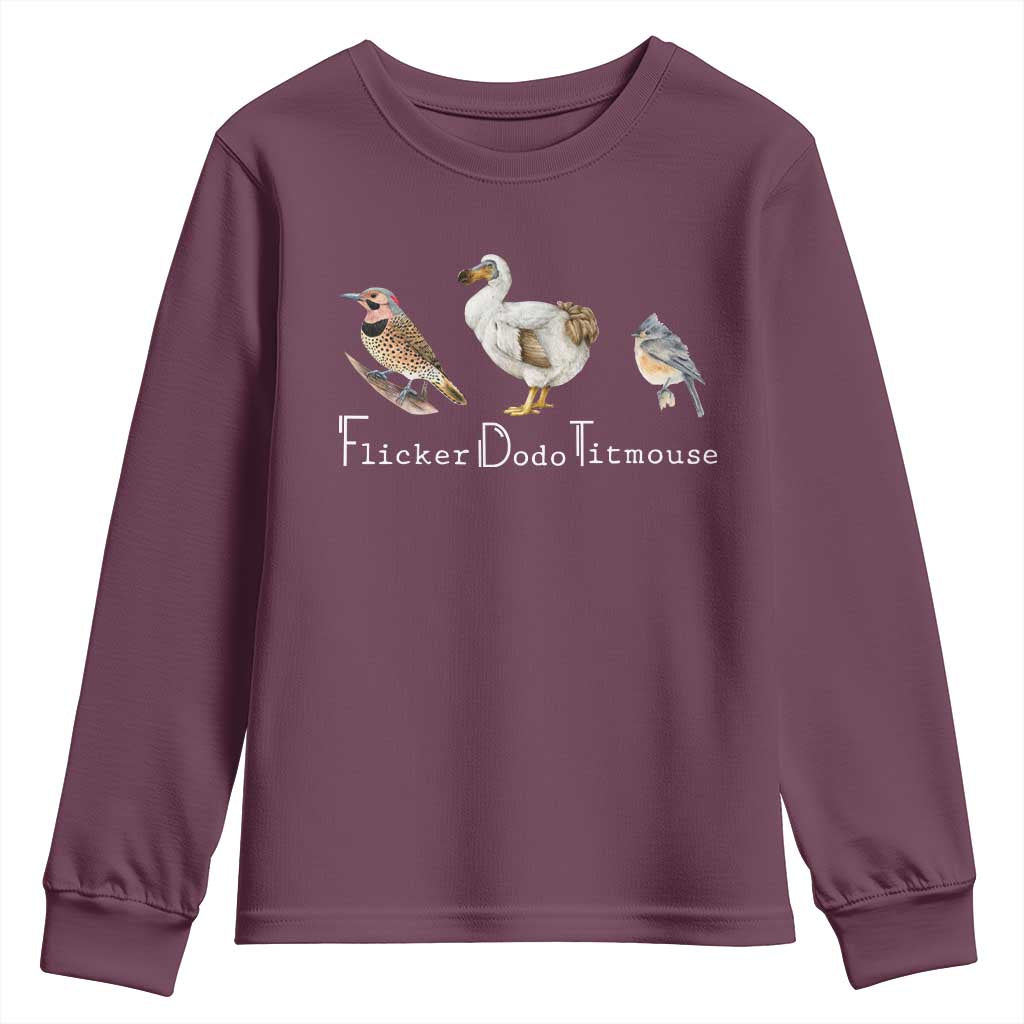 Subtle FDT Youth Sweatshirt Flicker Dodo Titmouse Bird TS10 Maroon Print Your Wear