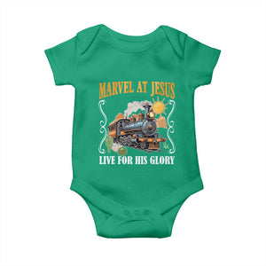 Summer VBS 2025 Baby Onesie Marvel at Jesus Live for His Glory Christian Bible Camp TS02 Irish Green Print Your Wear
