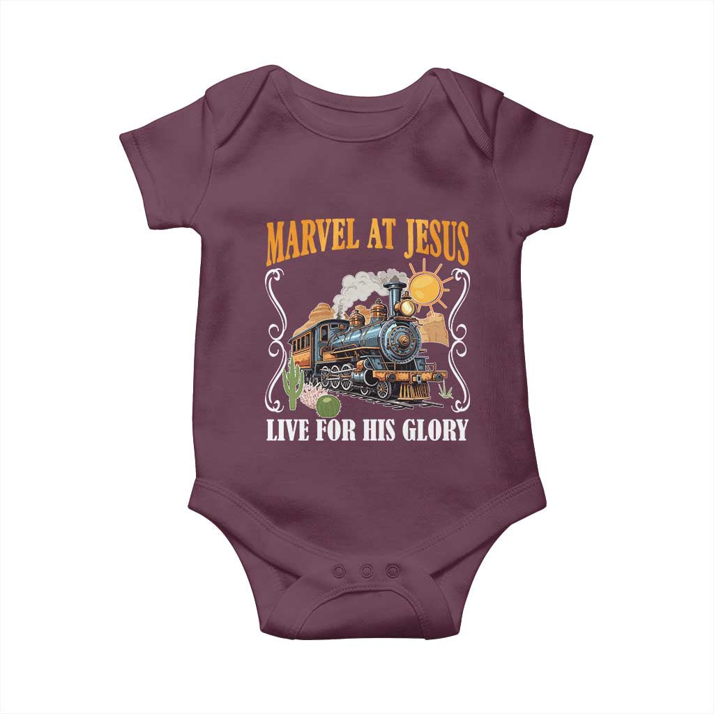 Summer VBS 2025 Baby Onesie Marvel at Jesus Live for His Glory Christian Bible Camp TS02 Maroon Print Your Wear