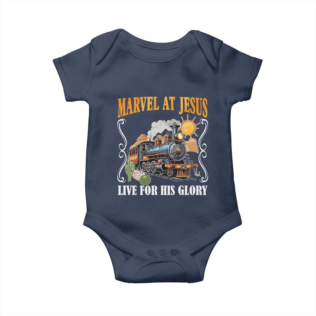 Summer VBS 2025 Baby Onesie Marvel at Jesus Live for His Glory Christian Bible Camp TS02 Navy Print Your Wear