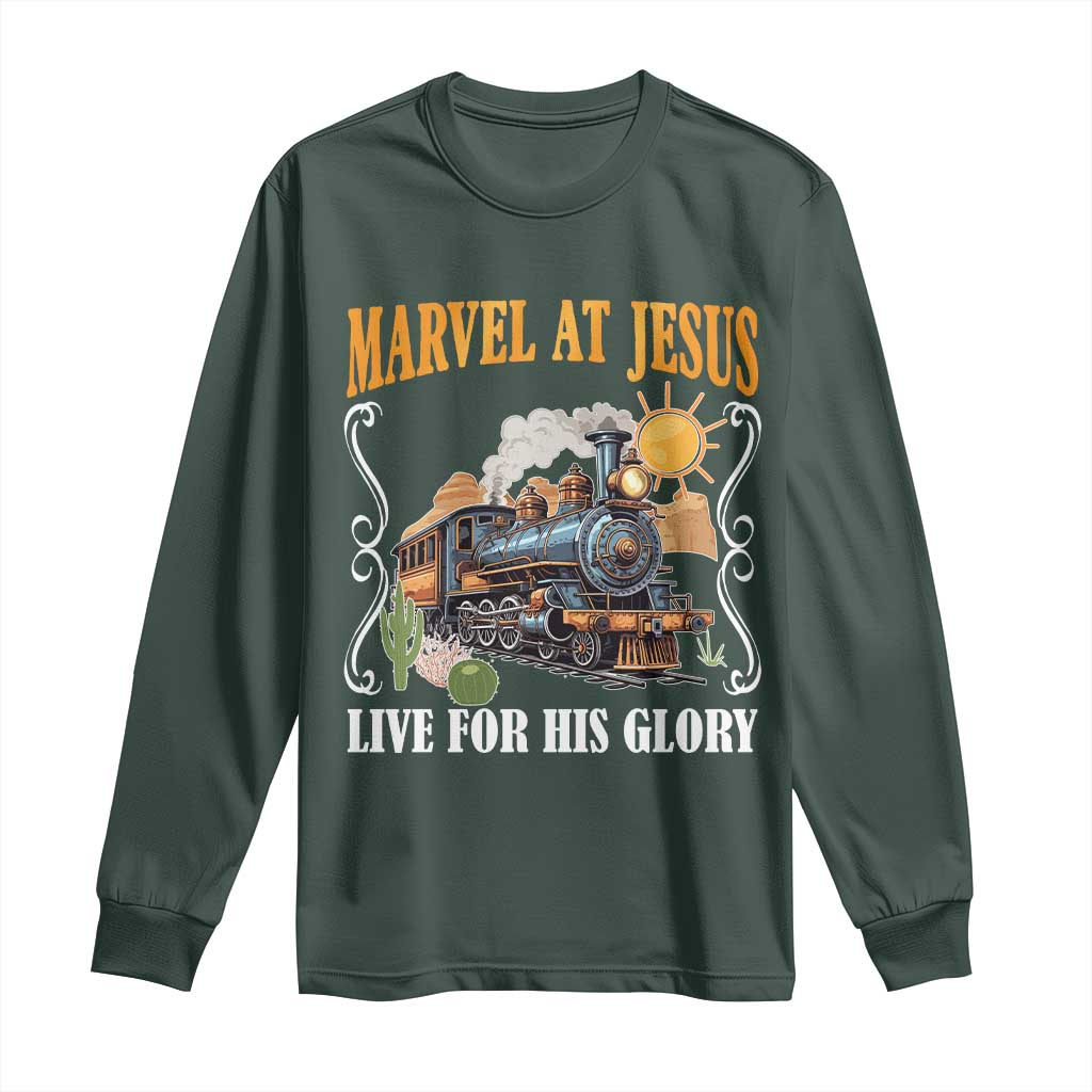 Summer VBS 2025 Long Sleeve Shirt Marvel at Jesus Live for His Glory Christian Bible Camp TS02 Dark Forest Green Print Your Wear