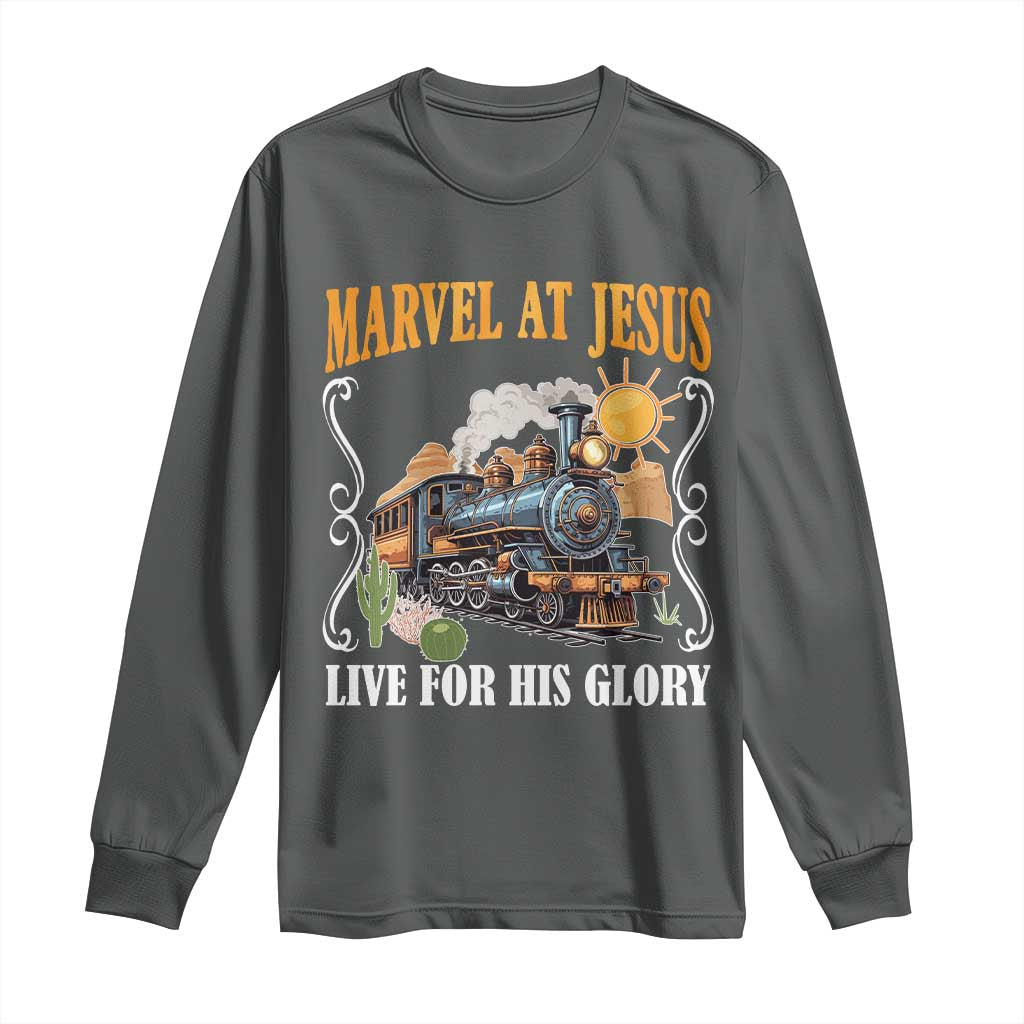 Summer VBS 2025 Long Sleeve Shirt Marvel at Jesus Live for His Glory Christian Bible Camp TS02 Dark Heather Print Your Wear