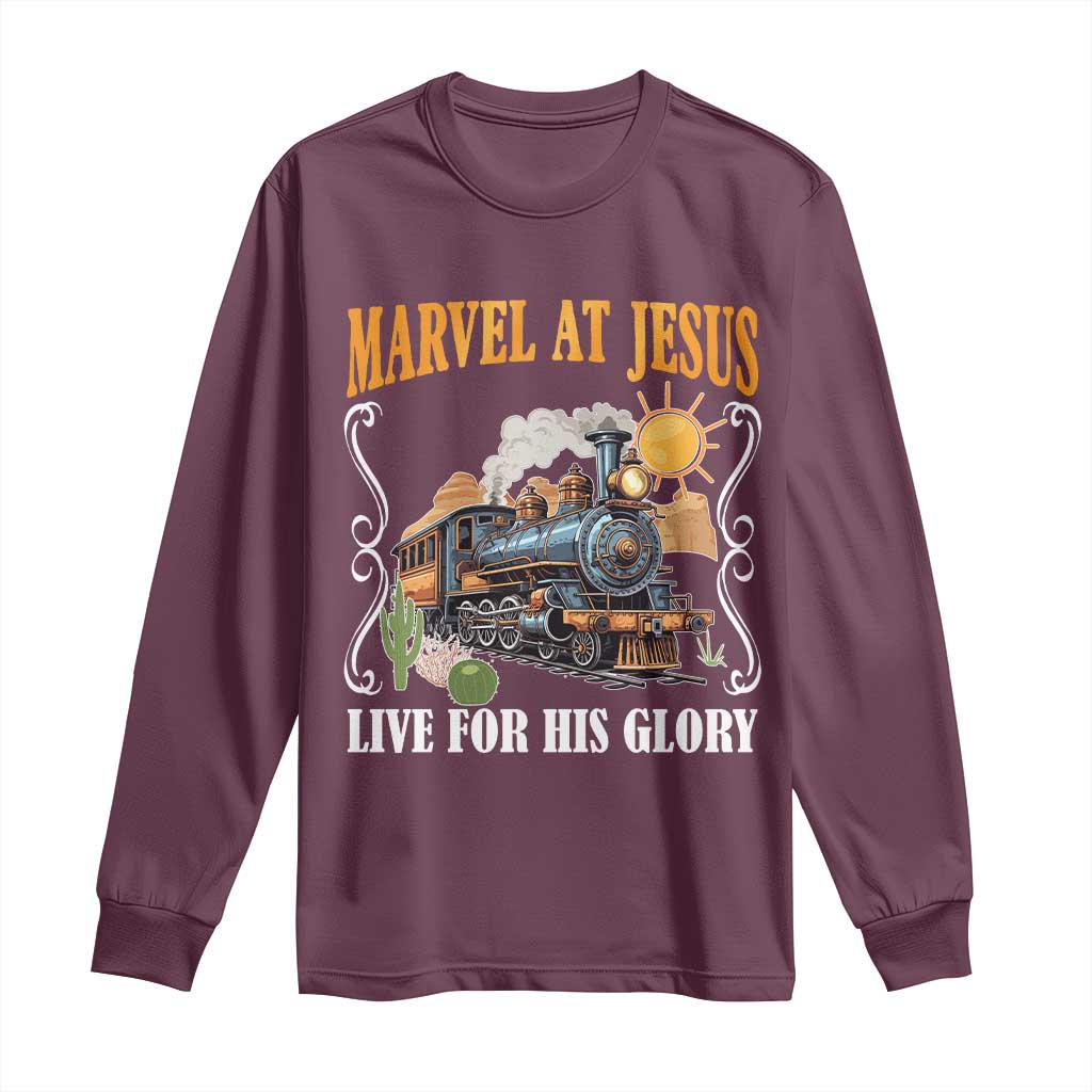 Summer VBS 2025 Long Sleeve Shirt Marvel at Jesus Live for His Glory Christian Bible Camp TS02 Maroon Print Your Wear