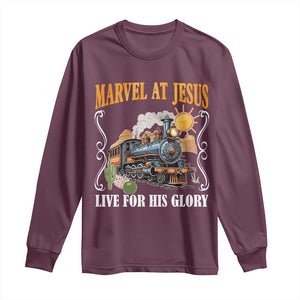 Summer VBS 2025 Long Sleeve Shirt Marvel at Jesus Live for His Glory Christian Bible Camp TS02 Maroon Print Your Wear