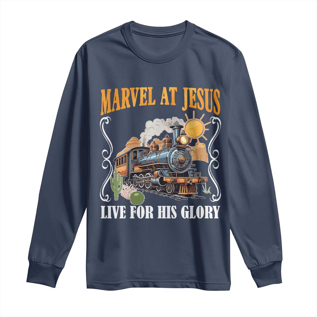 Summer VBS 2025 Long Sleeve Shirt Marvel at Jesus Live for His Glory Christian Bible Camp TS02 Navy Print Your Wear