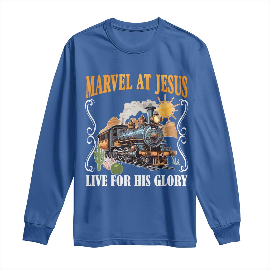 Summer VBS 2025 Long Sleeve Shirt Marvel at Jesus Live for His Glory Christian Bible Camp TS02 Royal Blue Print Your Wear