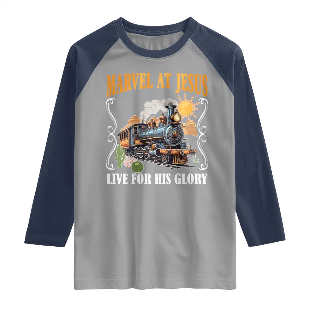 Summer VBS 2025 Raglan Shirt Marvel at Jesus Live for His Glory Christian Bible Camp TS02 Sport Gray Navy Print Your Wear