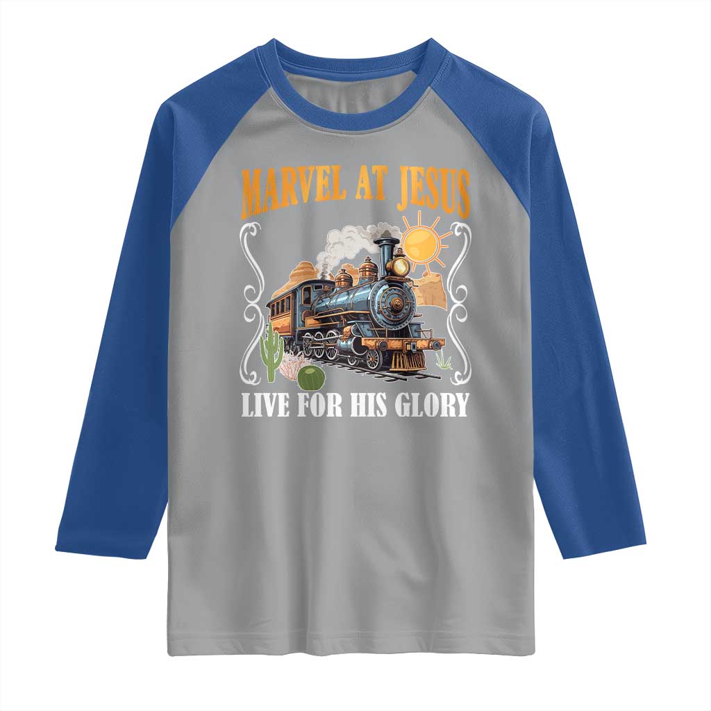 Summer VBS 2025 Raglan Shirt Marvel at Jesus Live for His Glory Christian Bible Camp TS02 Sport Gray Royal Print Your Wear