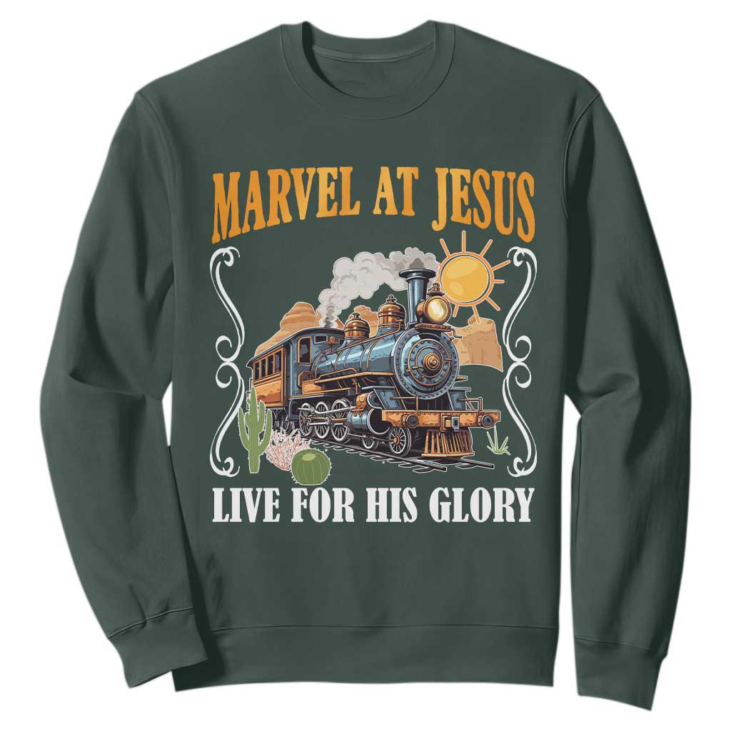 Summer VBS 2025 Sweatshirt Marvel at Jesus Live for His Glory Christian Bible Camp TS02 Dark Forest Green Print Your Wear