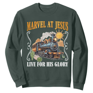 Summer VBS 2025 Sweatshirt Marvel at Jesus Live for His Glory Christian Bible Camp TS02 Dark Forest Green Print Your Wear