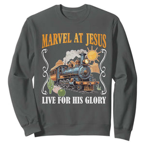 Summer VBS 2025 Sweatshirt Marvel at Jesus Live for His Glory Christian Bible Camp TS02 Dark Heather Print Your Wear