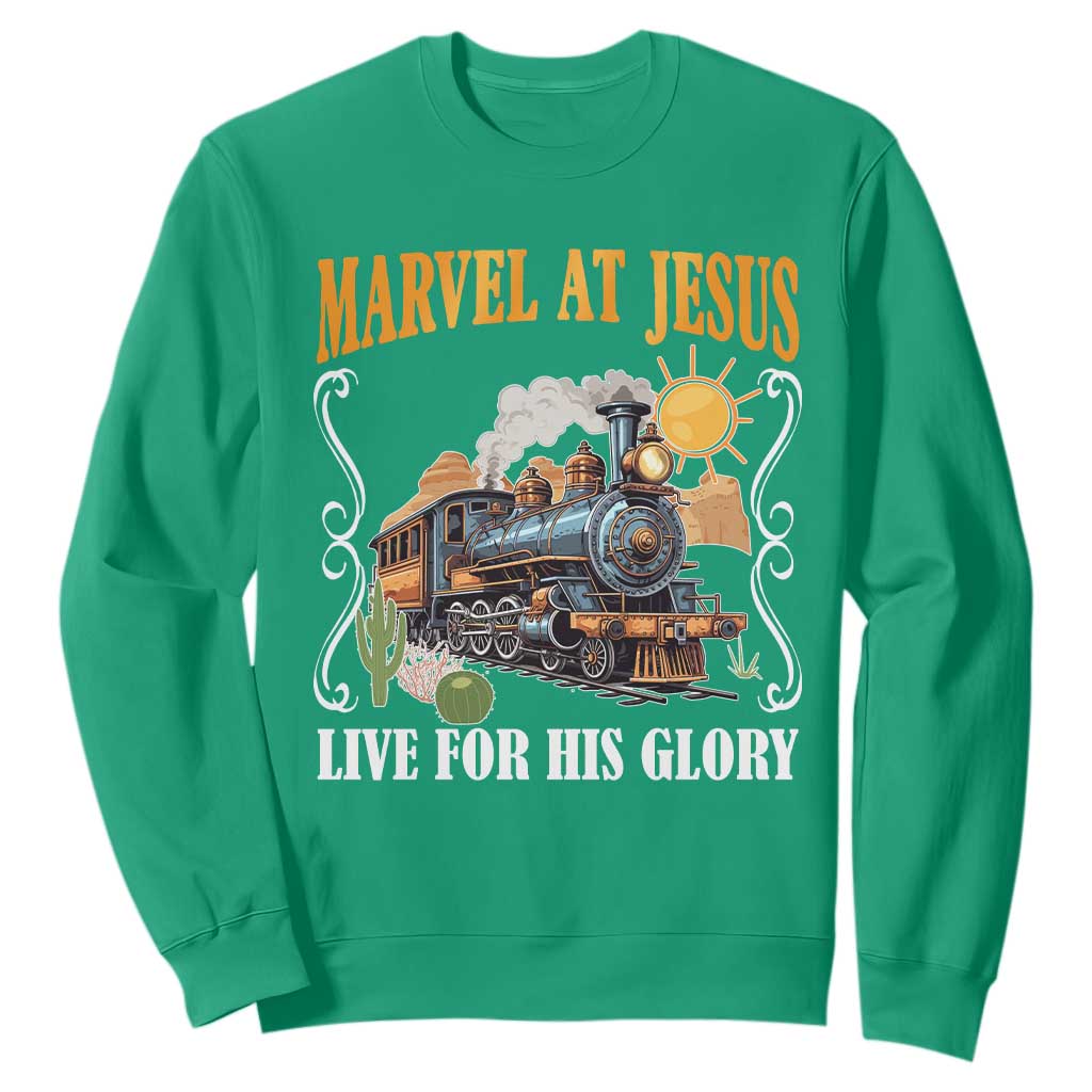 Summer VBS 2025 Sweatshirt Marvel at Jesus Live for His Glory Christian Bible Camp TS02 Irish Green Print Your Wear