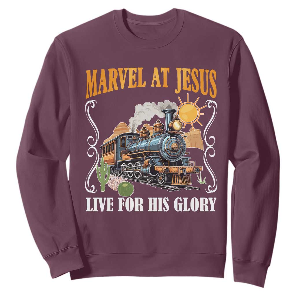 Summer VBS 2025 Sweatshirt Marvel at Jesus Live for His Glory Christian Bible Camp TS02 Maroon Print Your Wear