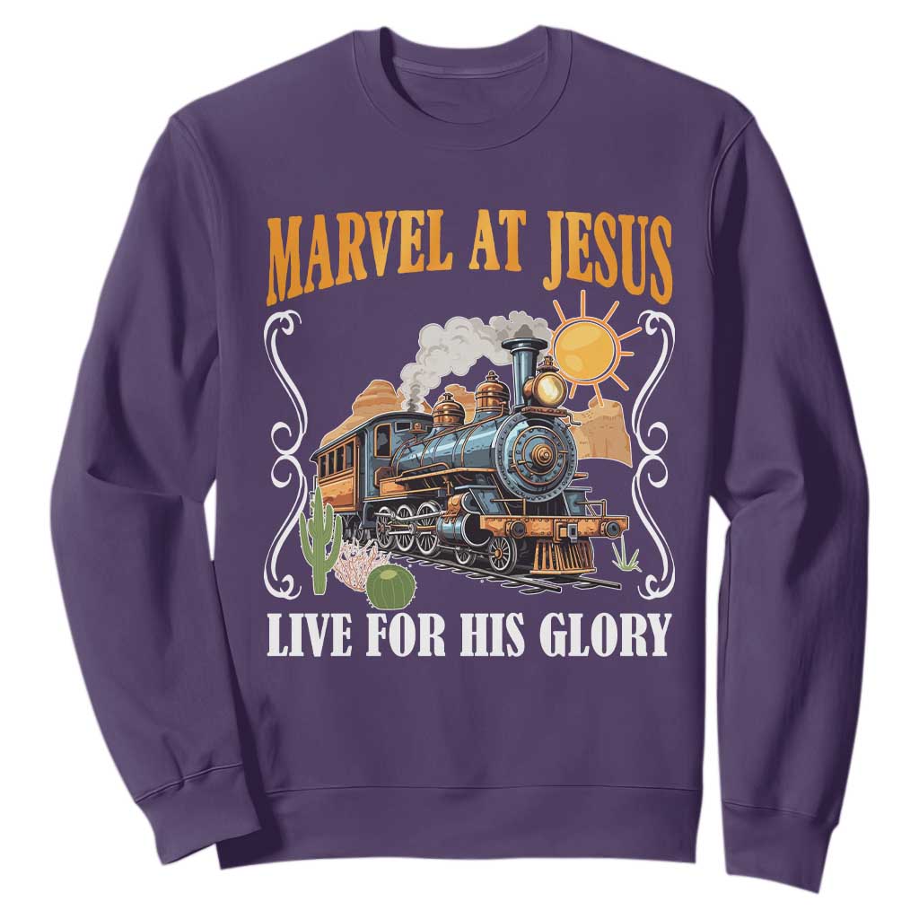 Summer VBS 2025 Sweatshirt Marvel at Jesus Live for His Glory Christian Bible Camp TS02 Purple Print Your Wear