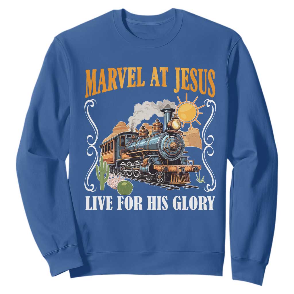 Summer VBS 2025 Sweatshirt Marvel at Jesus Live for His Glory Christian Bible Camp TS02 Royal Blue Print Your Wear
